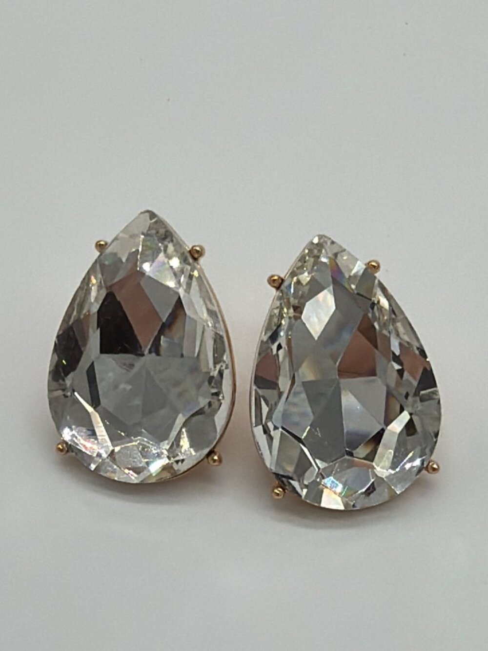 Teardrop Crystal Stud Earrings With Gold-Tone Metal Backing  1.5 Inches Long  Vi
